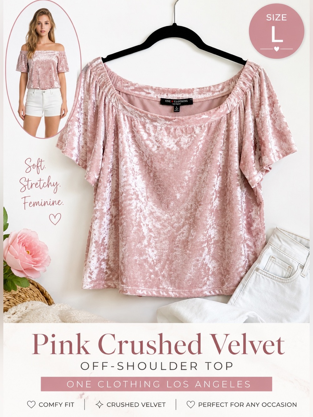 One Clothing Los Angeles Pink Crushed Velvet Off Shoulder Top Women’s Large